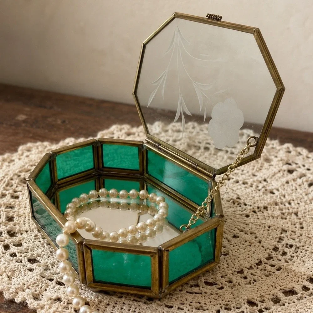 Vintage Emerald Green Glass Jewelry Trinket Box Etched Floral Brass Via Vermont